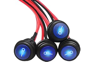 mankk 4Pcs Round Rocker Switch 12V Waterproof Toggle Switch SPST 3 Pin ON/Off Blue LED Lighted with Pre-soldered Wires for Car Auto Boat Trucks KCD1-5-101NW-BU-X