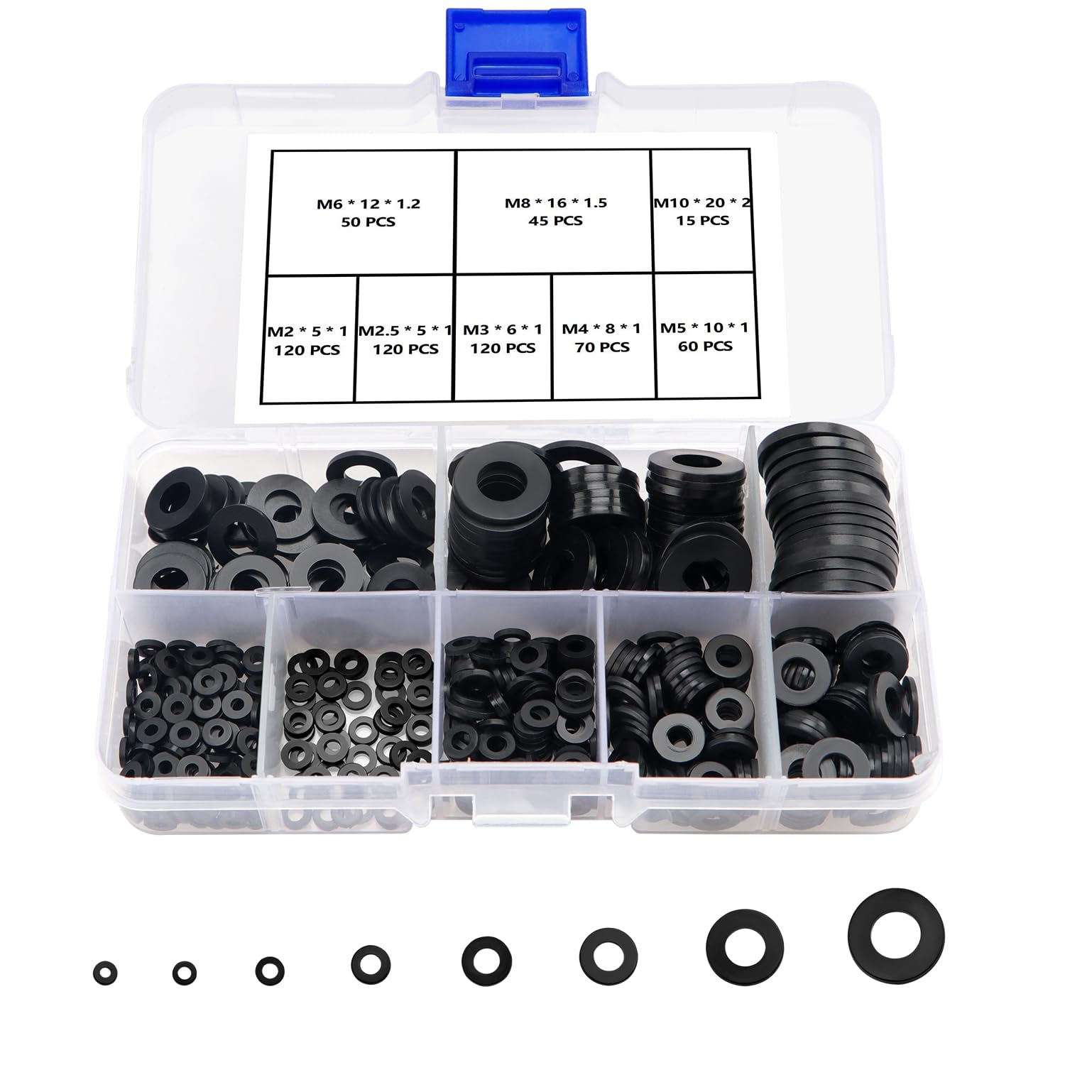 YIXISI 600 PCS Black Nylon Gasket, Nylon Flat Washer Assortment Kit, M2 M2.5 M3 M4 M5 M6 M8 M10 Plastic Washers for Mechanical
