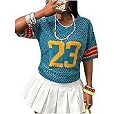 MakeMeChic Women's Y2K Summer Tops Jersey Shirts Crochet Striped Crew Neck Pullover Sweater