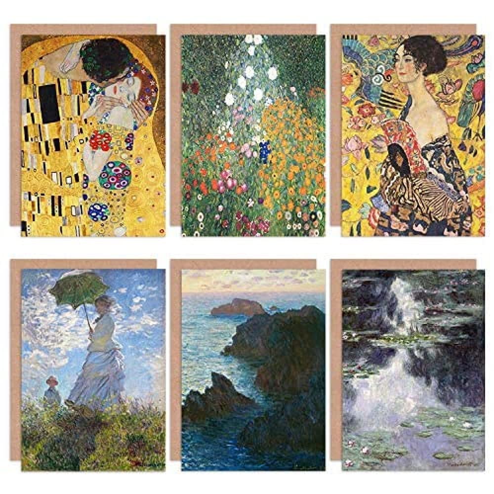 Artery8 Monet Klimt Water Lilies Kiss Flower Garden Rocks Mixed Fine Art Greeting Card Pack of 6