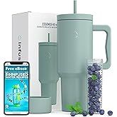 Infusion Pro 40 oz Tumbler with Handle, Fruit Infuser & Straw Lid : 50 Recipe Fruit Infusion eBook : Bottom Boot : Fits Cupholder : Stainless Steel Insulated Travel Mug : Essence (BLUE SURF)