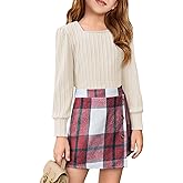 Haloumoning Girls Skirt Sets Fall Outfits Jacquard Long Sleeve Tops Plaid Skirts Shorts 2 Piece Clothing Sets 4-12Y