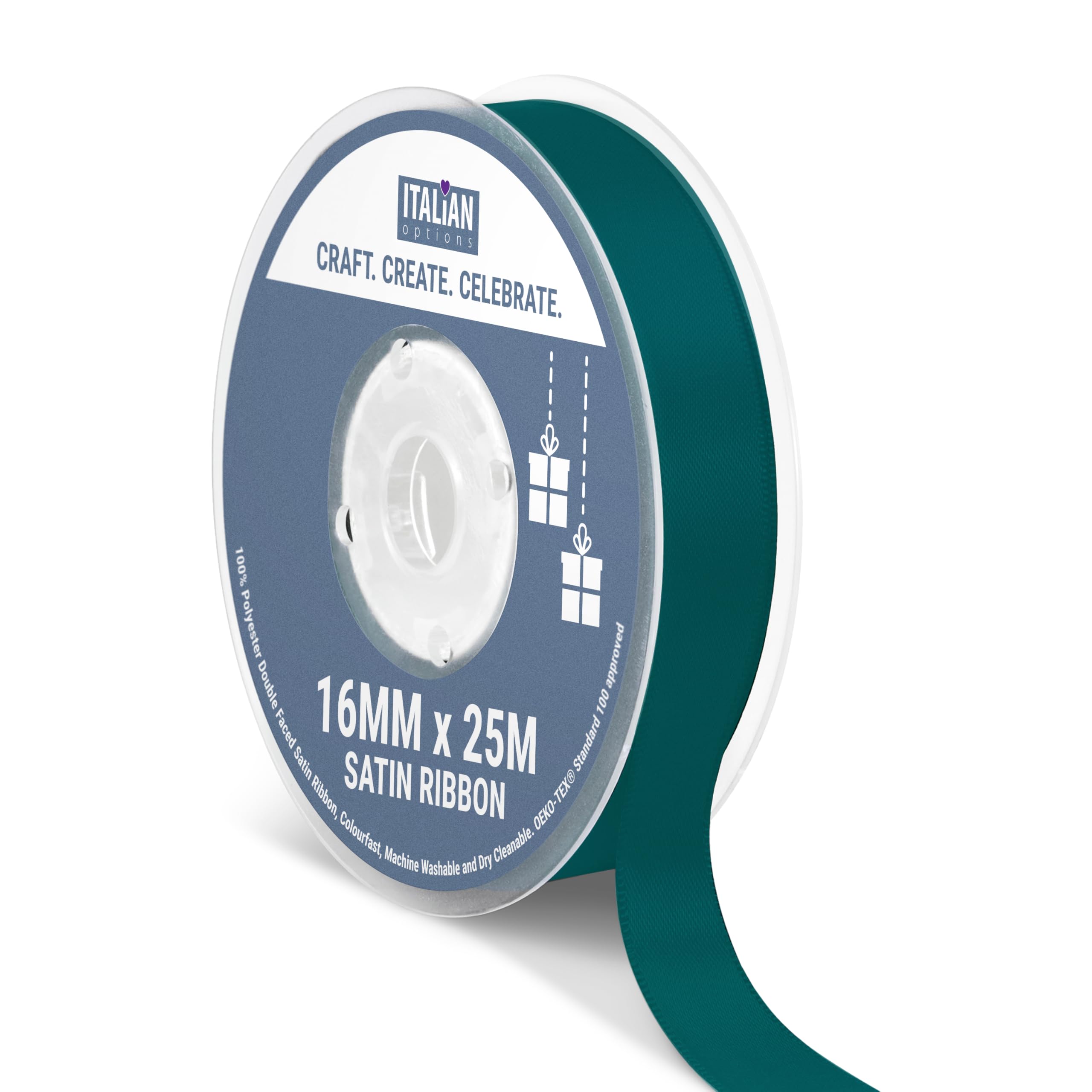 Italian Options Satin Ribbon, Fabric Ribbons for Gift Wrapping, Crafting, Balloons, Wedding Car, Presents, Cake, Christmas, Birthday, Gift Wrap Accessories, 16mm Wide x 25 Metre Roll, Teal