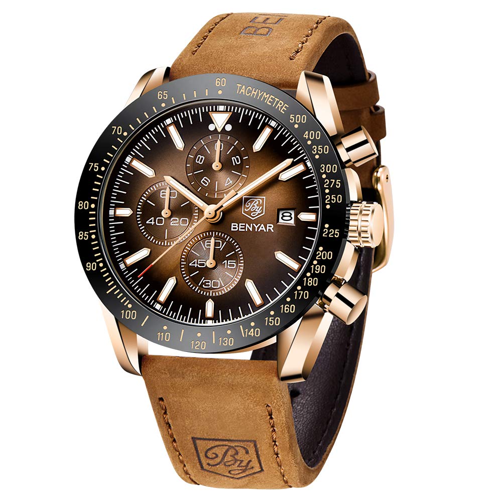 BENYAR Watches for Men Chronograph Analogue Quartz Movement Wrist Watch Fashion Business Sports Watch 30M Waterproof Scratchproof Stylish Elegant Gifts for Men