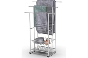 Purbambo 40" Tall Freestanding Towel Rack for Bathroom, 3 Tier Floor Towel Racks with Storage Basket and Shelf, Steel Drying Rack for Large Bath Towel - Silver