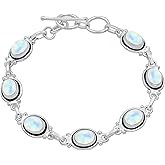Natural Oval Gemstones Sterling Silver Plated Link Bracelet - Handmade Birthstone Vintage Style Adjustable Bracelets - Women's Jewelry Gift for Mom Wife Sister Grandmother