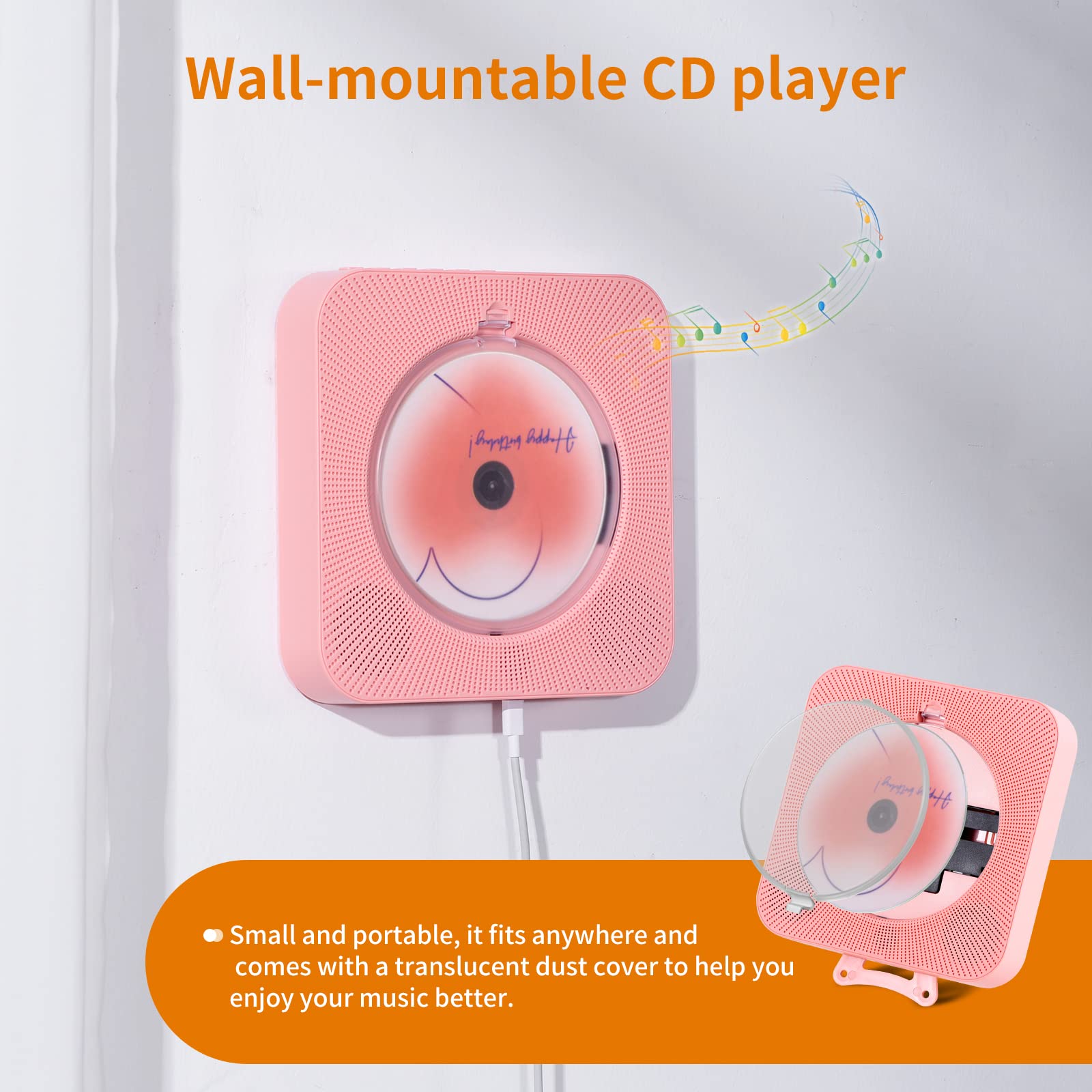 Yintiny Rechargeable Cute CD Player with Blutooth 5.0; Portable Music Player for Home Decor; Remote Control; Support AUX in Cable&USB; HiFi Bluetooth Player