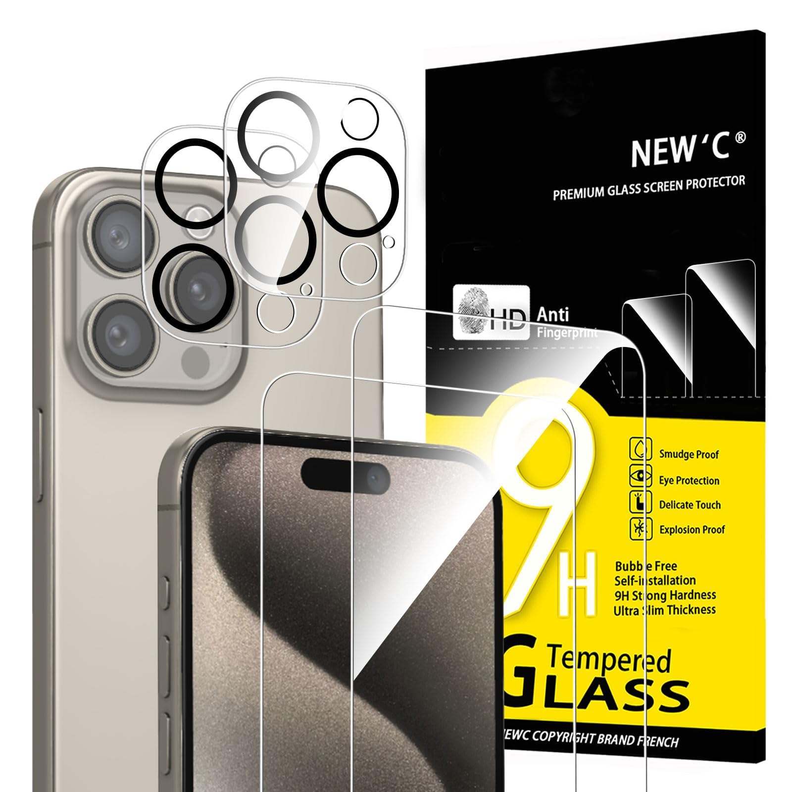 Photo 1 of NEW'C 4 Pack, 2 Pack for iPhone 15 Pro Max Screen Protector (6.7 inch) + 2 Pack Camera Lens Protector, Sensor Protection,Case Friendly Tempered Glass Film