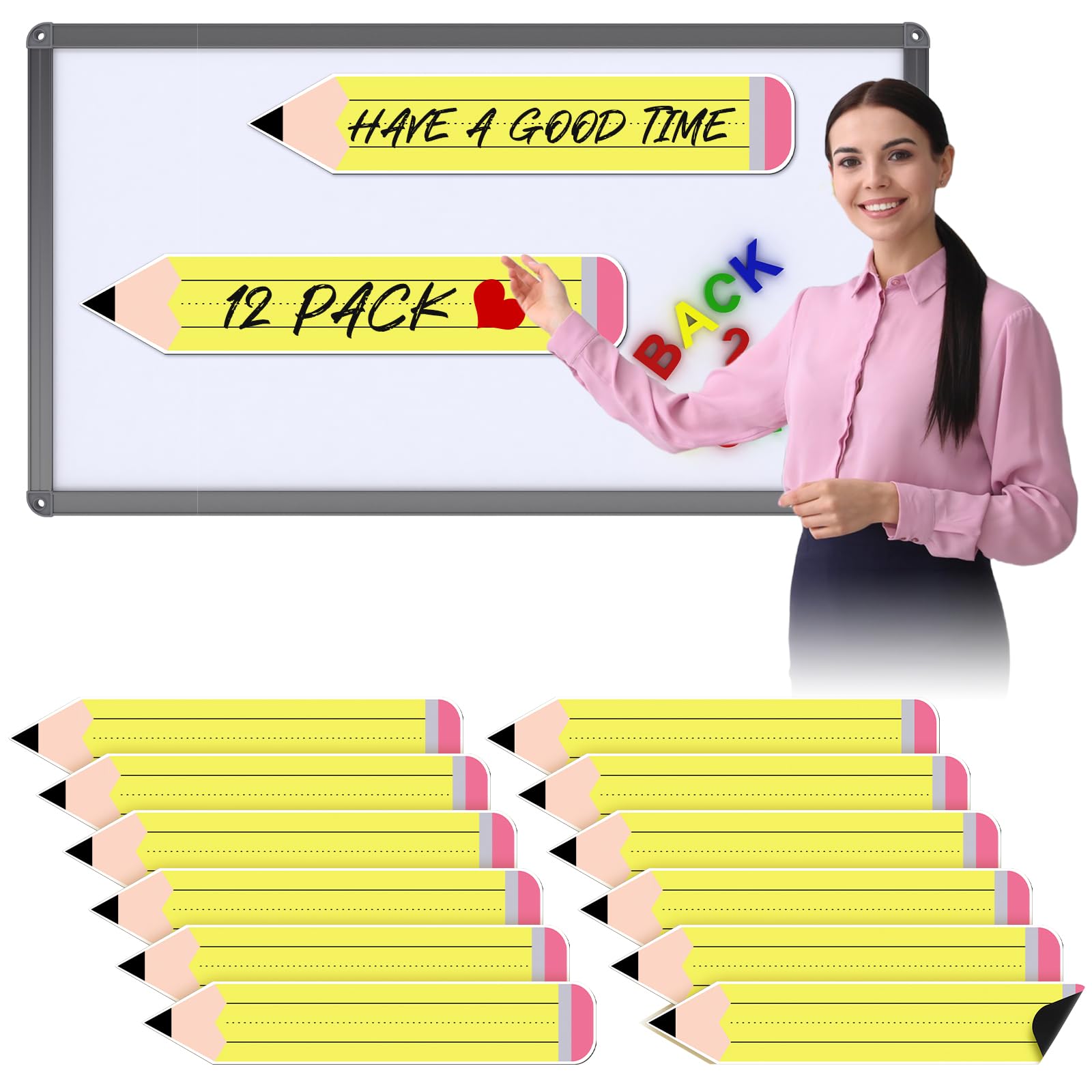 Photo 1 of Ireer 12 Pack Pencil Shaped Magnetic Dry Erase Sentence Strips Teachers Magnetic Border Strips for whiteboard Classroom