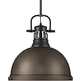 Golden Lighting Duncan 1-Light Pendant with Rod in Matte Black with Rubbed Bronze