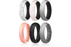 ROQ Silicone Rings for Women, Breathable Silicone Rings, Sets of 6 Bands, Unique Silicone Wedding Ring for Women, Medical Grade Silicone Rubber Band - Black, Marble, Rose Gold, Silver Colors - Size 9