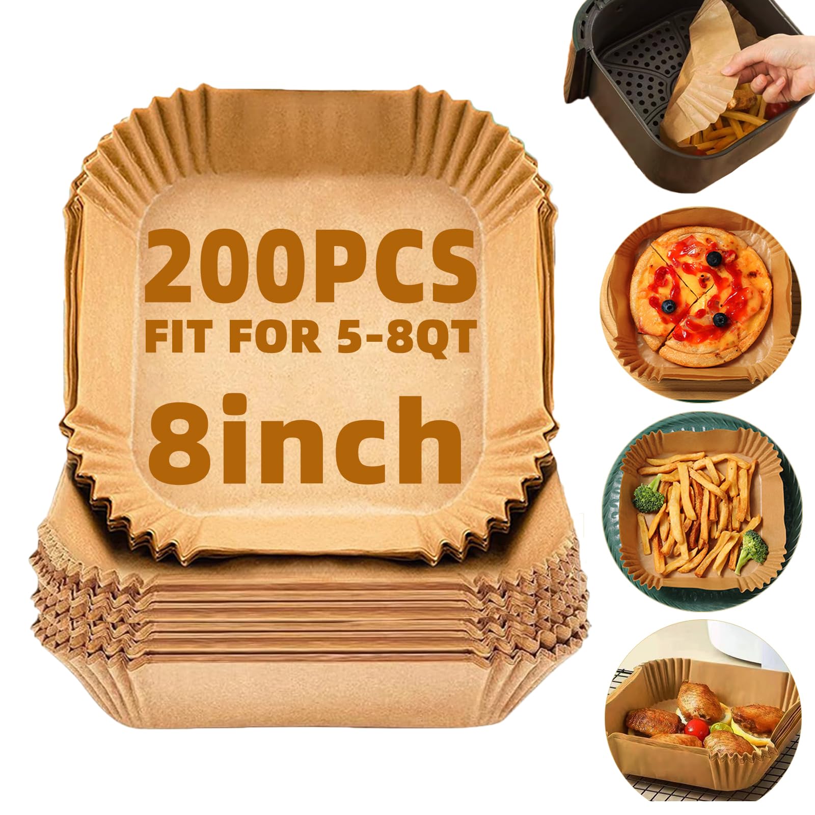Photo 1 of Air Fryer Liners Disposable,200Pcs Parchment Paper,LYHOLKEER 8IN Disposable Air Fryer Paper Liners for 5-8QT Air Fryer, Non-Stick, Square Liners Free of Bleach