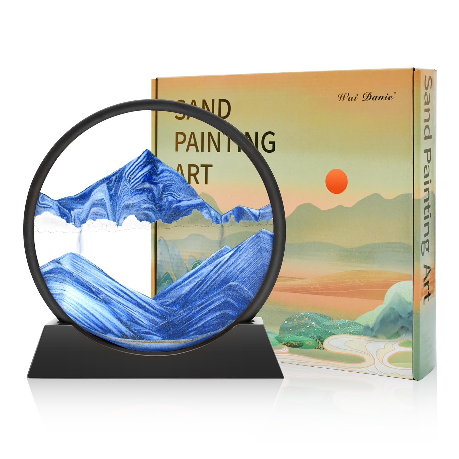 Wai Danie Moving Sand Art Picture 3D Hourglass Deep Sea Sandscape Liquid Motion Display Painting Flowing Sand Frame Relaxing Desktop Home Office Work Decor (Blue, 12 inches)