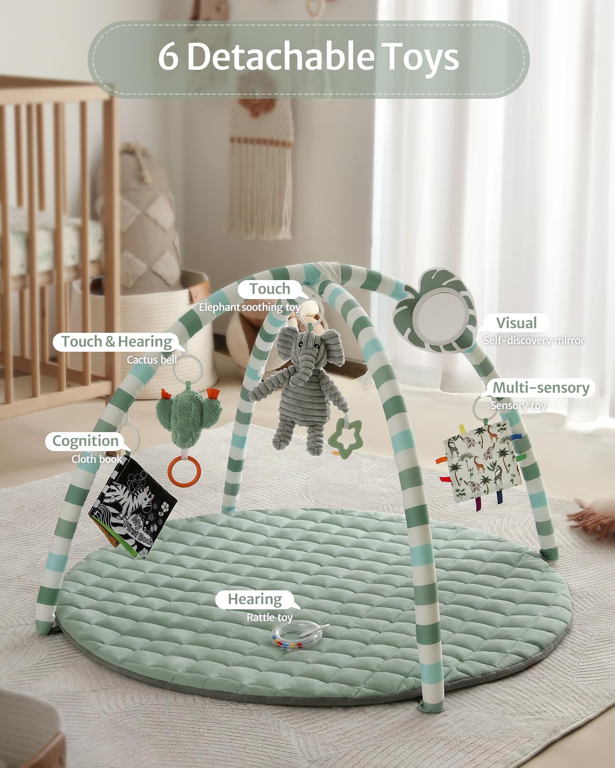 Blissful Diary Baby Play Gym Mat, Play Mat Activity Mat with 6 Detachable Toys for Stage-Based Sensory & Motor Skill Development, Easy to Install & Clean, Baby Essentials Gift, Sage Green