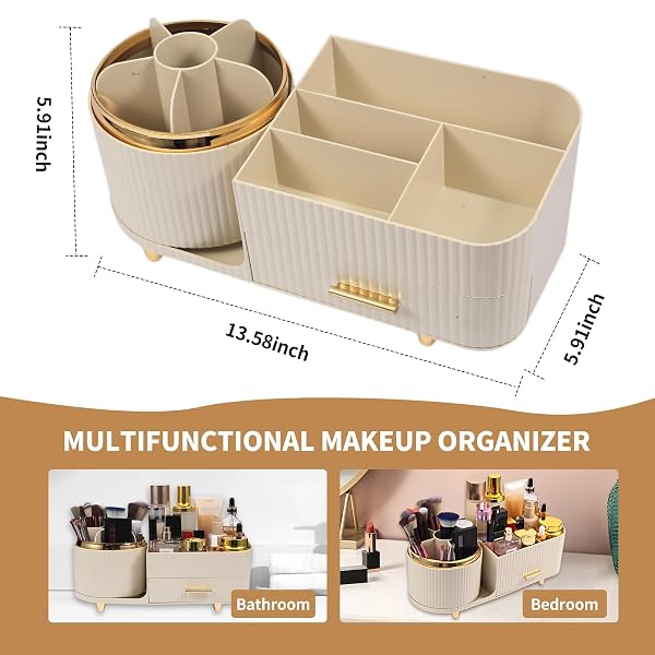 ZUFUDO MAKEUP ORGANIZER COUNTERTOP WITH DRAWER 360 ROTATING BRUSH HOLDER STORAGE LARGE CAPACITY SKINCARE COSMETIC DISPLAY CASES FOR VANITY BATHROOM DESKTOP, MODEL 3016 CREAM