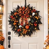 24 in Halloween Wreath for Front Door, Black Skeleton Spider Web Door Decor | Handcrafted Design Weather Resistant Full Artificial Foliage Seasonal Home Accent Ready to Hang Reusable Decoration