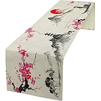 Picture of Cherry Blossom Table Runner, Vintage Traditional Asian Japanese Lake Flower Branches Nature Landscape Kitchen Dining Table Runner for Indoor Outdoor Party Holiday Decor, 13x90inch