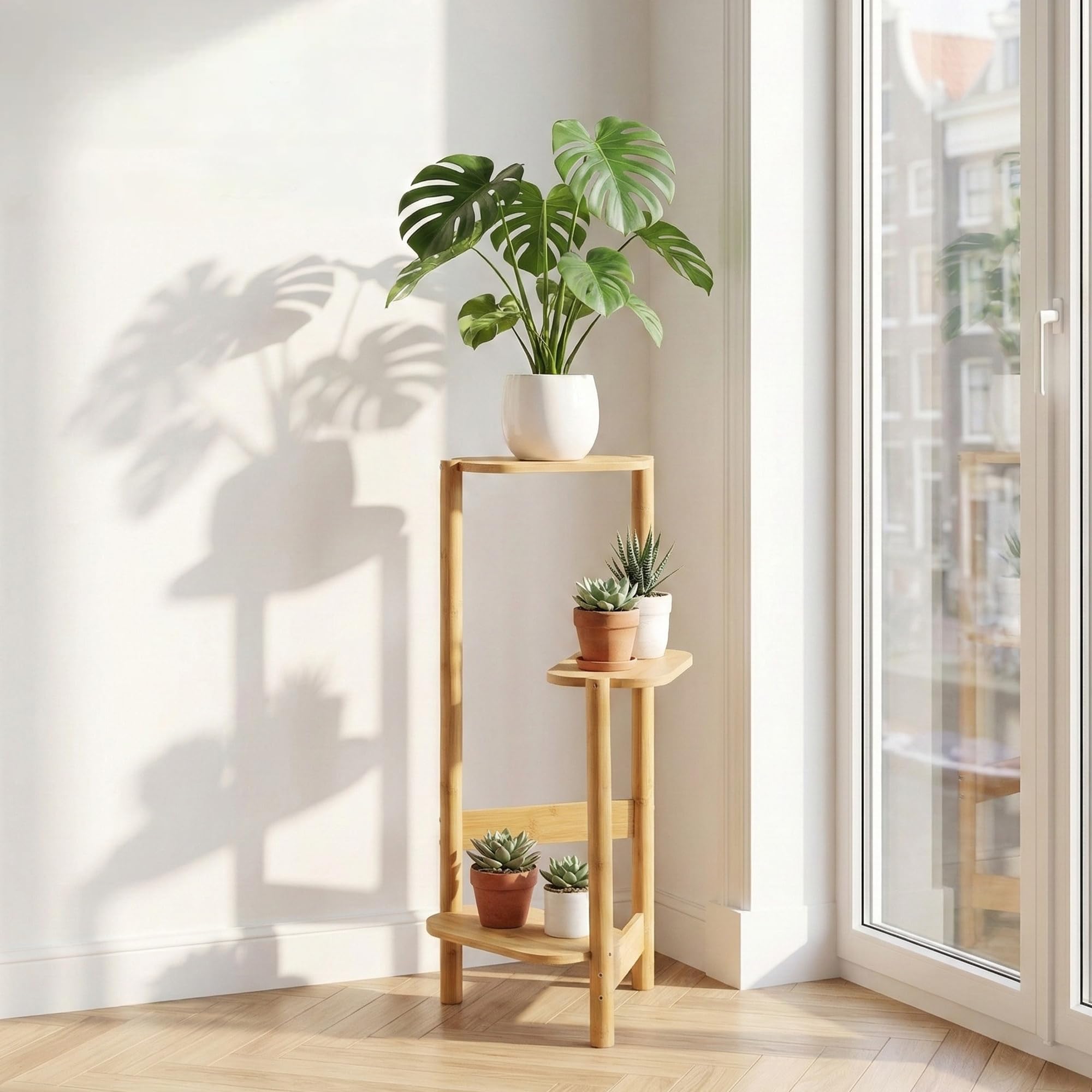 Medla 3 Tier Plant Stand Corner, Bamboo Plant Shelf Rack Triple Pot Stand Holder Indoor Plant Ladder Shelf Flower Display Rack for Patio Living Room