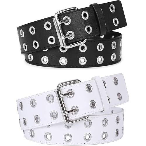 WERFORU 2 Pack Double Grommet Belt PU Leather Punk Belt for Women Jeans