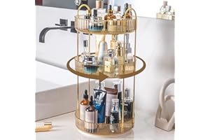 shuang qing Rotating Makeup Organizer for Vanity 3 Tier, High-Capacity Skincare Clear Make Up Storage Perfume Organizers Cosmetic Dresser Organizer Countertop 360 Spinning （Gold）