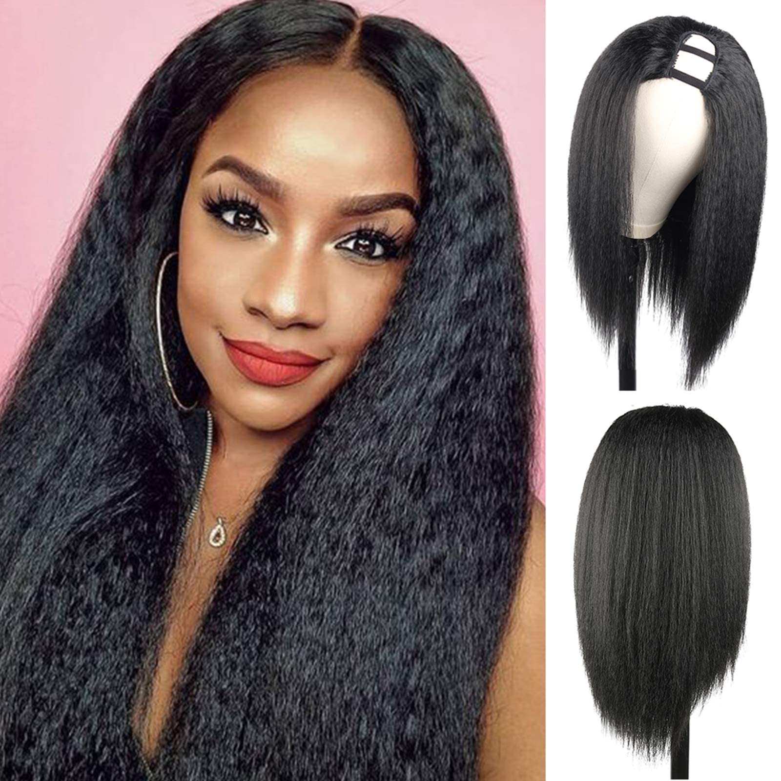 KRSI Kinky Straight U Part Wigs for Women Synthetic Yaki Straight Curly Black Wigs for Natural Hair Full Head U Shape Wig Clip in U Part Wig 180 Density 1B 16inch