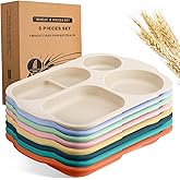 Vesici 8 Pcs Large 12 Inch Unbreakable Divided Plates for Kids Adults - Wheat Straw Tray - Microwave Dishwasher Safe - Reusable Plastic Compartment Plates(Multicolor)