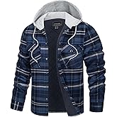 TACVASEN Men's Flannel Jacket with Hood Quilted Lined Plaid Shirts Jacket Cotton Long Sleeve Button Down Shirt Shacket