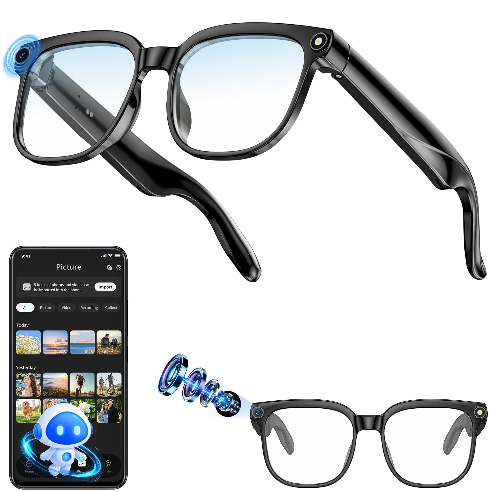 AI Smart Glasses with Camera, 8MP HD Photo and Anti-Shake Video Recordings, AI Glasses with Real-Time Translation/ AI Object Recognition/AI Voice Q&A, Calls and Music,Anti-Blue Light Camara Glasses