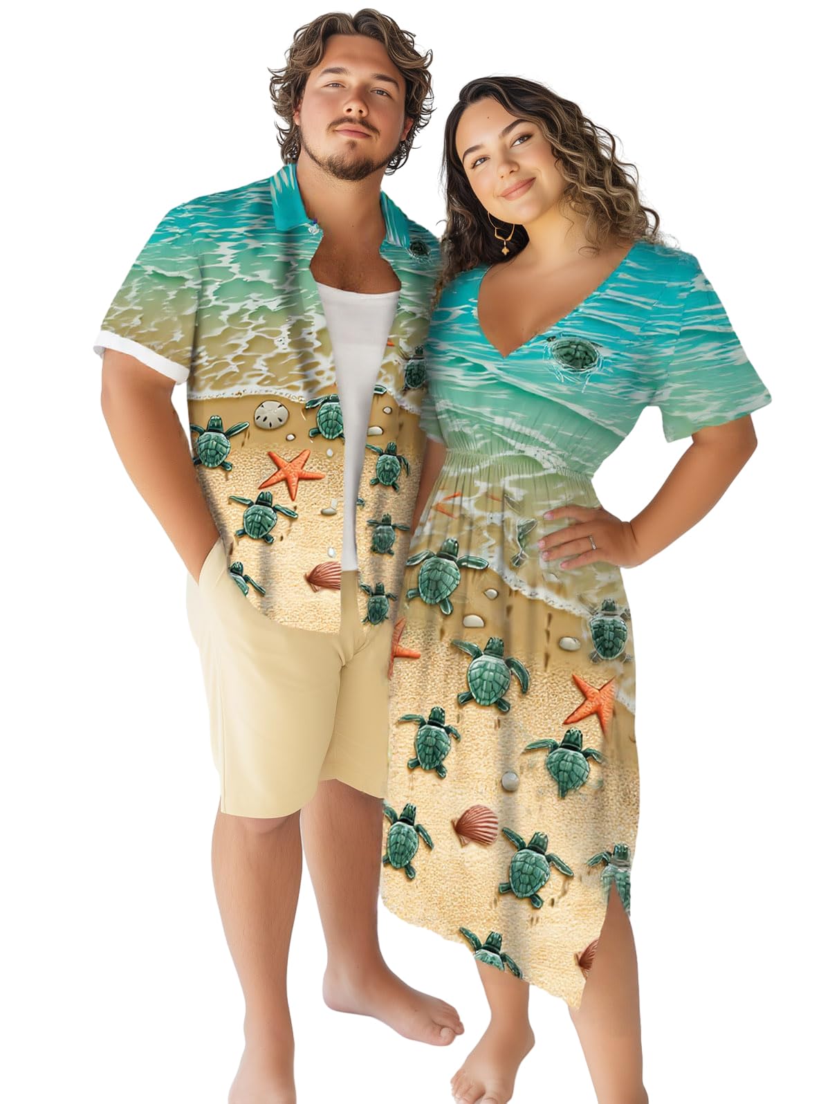 Matchable Matchable Couple Hawaiian Sea Beach Starfish Turtle Shell Print Shirt ...