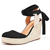 Ermonn Womens Espadrilles Wedge Sandals Platform Closed Toe Ankle Strap Lace Up Summer Shoes