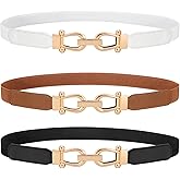 WERFORU 3 Pack Women Skinny Elastic Waist Belt Gold Buckle Stretchy Thin Belt for Jeans Dress