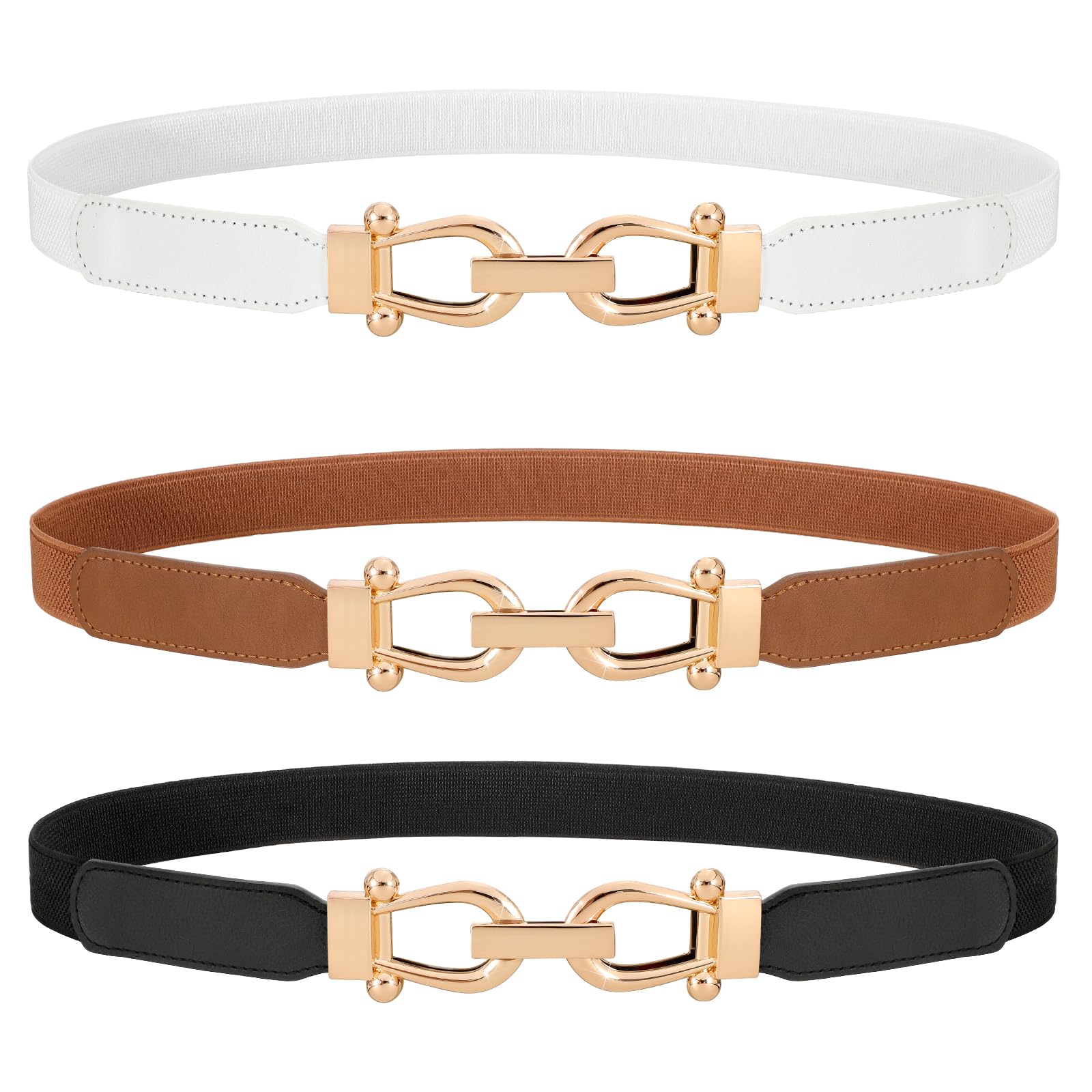 3 Pack Women Ladies Skinny Elastic Waist Belt Gold Buckle  display picture 3