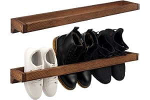 Wenqik 2 Pcs Wall Mounted Shoe Rack 30 Inch Rustic Wood Wall Hanging Shoe Rack Space Saving Footwear Holder Shoe Storage Organizer for Mudroom, Entryway, Closet (Burnt Wood)