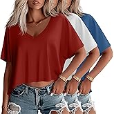 Huukeay 3 Pack Oversized T Shirts for Women Short Sleeve Crop Tops V Neck Irregular Hem Baggy Cropped Tees