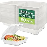 Freshware Compostable Clamshell Food Containers - 8x8" 50-Pack, Biodegradable Sugarcane To Go Boxes, Heavy Duty Paper Container - Microwave & Freezer Safe, Stackable
