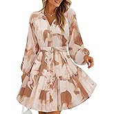 ZESICA Womens Spring Summer Floral Mini Dress Long Sleeve Button Chiffon A Line Swing Short Wedding Guest Party Dresses