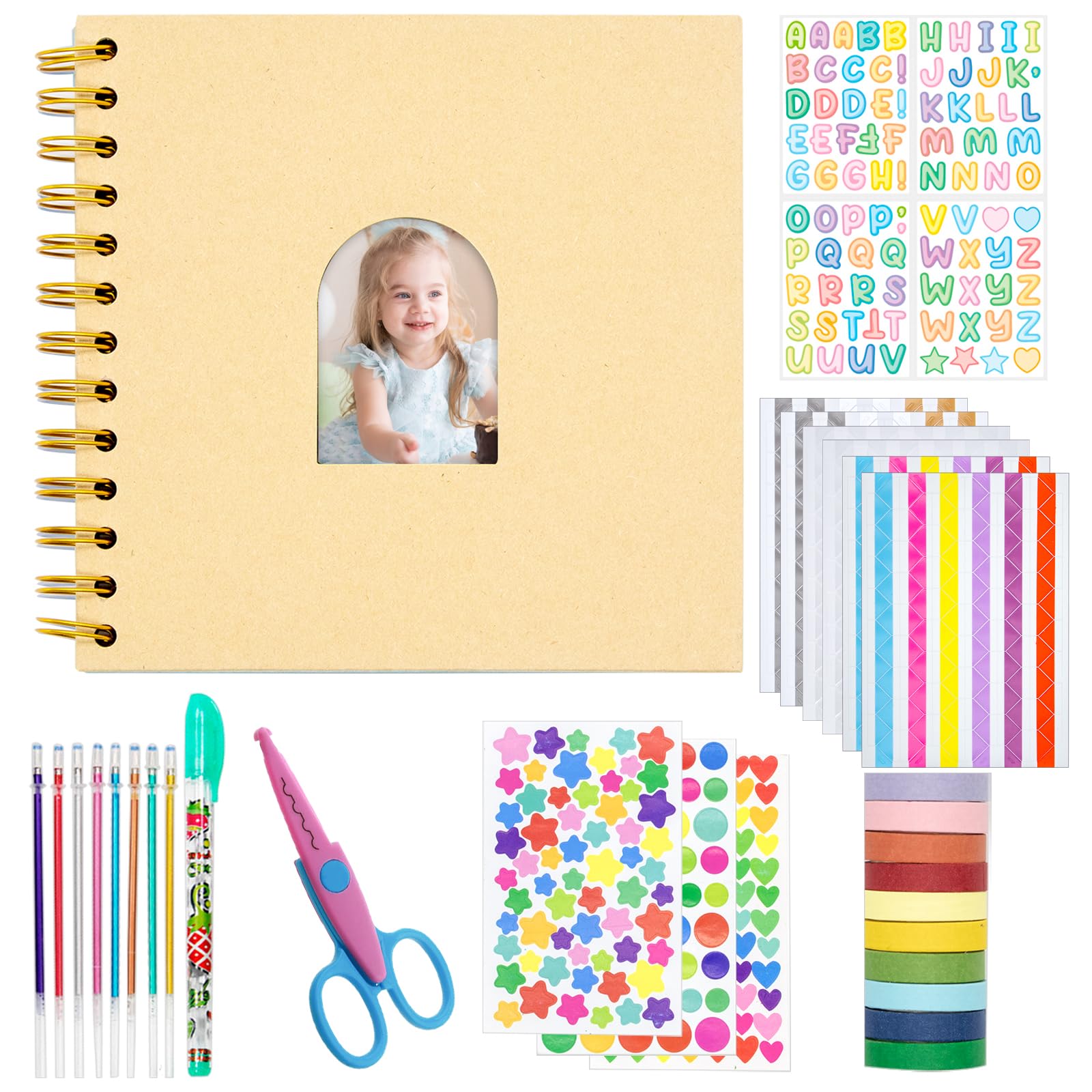 Kid Scrapbook DIY Photo Album Hard Cover Scrapbook Kit for Kids Instant Camera Print Paper with DIY Accessories (Brown)