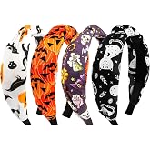 KICOSY 4PCS Halloween Headbands for Women Halloween Knotted Hairband Cute Spider Pumpkin Skeleton Black Cat Print Headband, Trick-or-Treat Fun