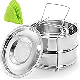WUWEOT Stackable Steamer Insert Pans, 2 Tier Stainless Steel Pot-in-Pot Baking Pan, Pressure Cooker Accessories with Sling Handle and Silicone Gloves for Instant Pot