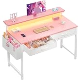 DurayLoly 31Inch Small Computer Desk with LED Lights &amp; 2 Fabric Drawers | Gaming Desk with Side Pocket &amp; Ergonomic Monitor Stand, Small Space Study Writing Table with Anti-Tip Design,Pink