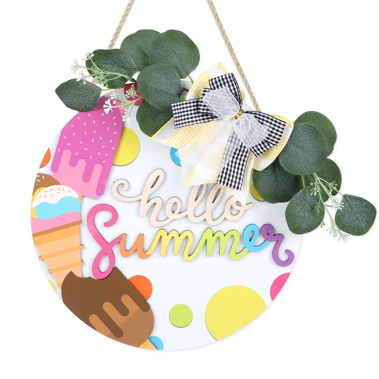 Photo 1 of CHDITB 3D Hello Summer Wreath Wooden Sign, Ice Cream Themed Wooden Hanging Plaque, Welcome Summer Door Hanger, Colorful Popsicle Round Wall Art Sign Hanger for Front Porch Yard Garden Backyard Decor