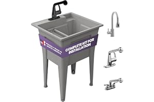 Freestanding Utility Sink with One Handle Black Faucet - 24" Plastic Utility Sink for Garage, Laundry, Indoor and Oudoor Use - Laundry Tub Kit by Noah William Home - Grey (19.5 gal)