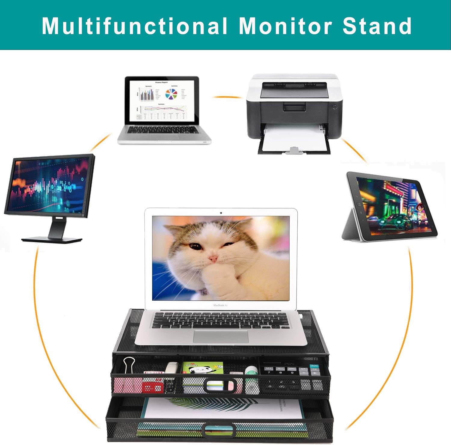 Monitor Stand Riser with Drawer - Metal Mesh Desk Organizer with Dual Pull Out Storage Drawer, Office Supply for Computer, PC, Laptop, Printer, Notebook, iMac (Black) : Office Products