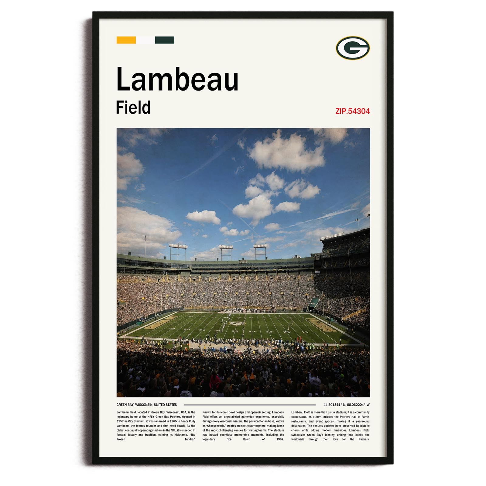 Photo 1 of (Unframed 11"x17") LambeauField Canvas Print – Green Bay Home Field Wall Art for Packers Fans, Sports poster for Game Room or Man Cave Decor