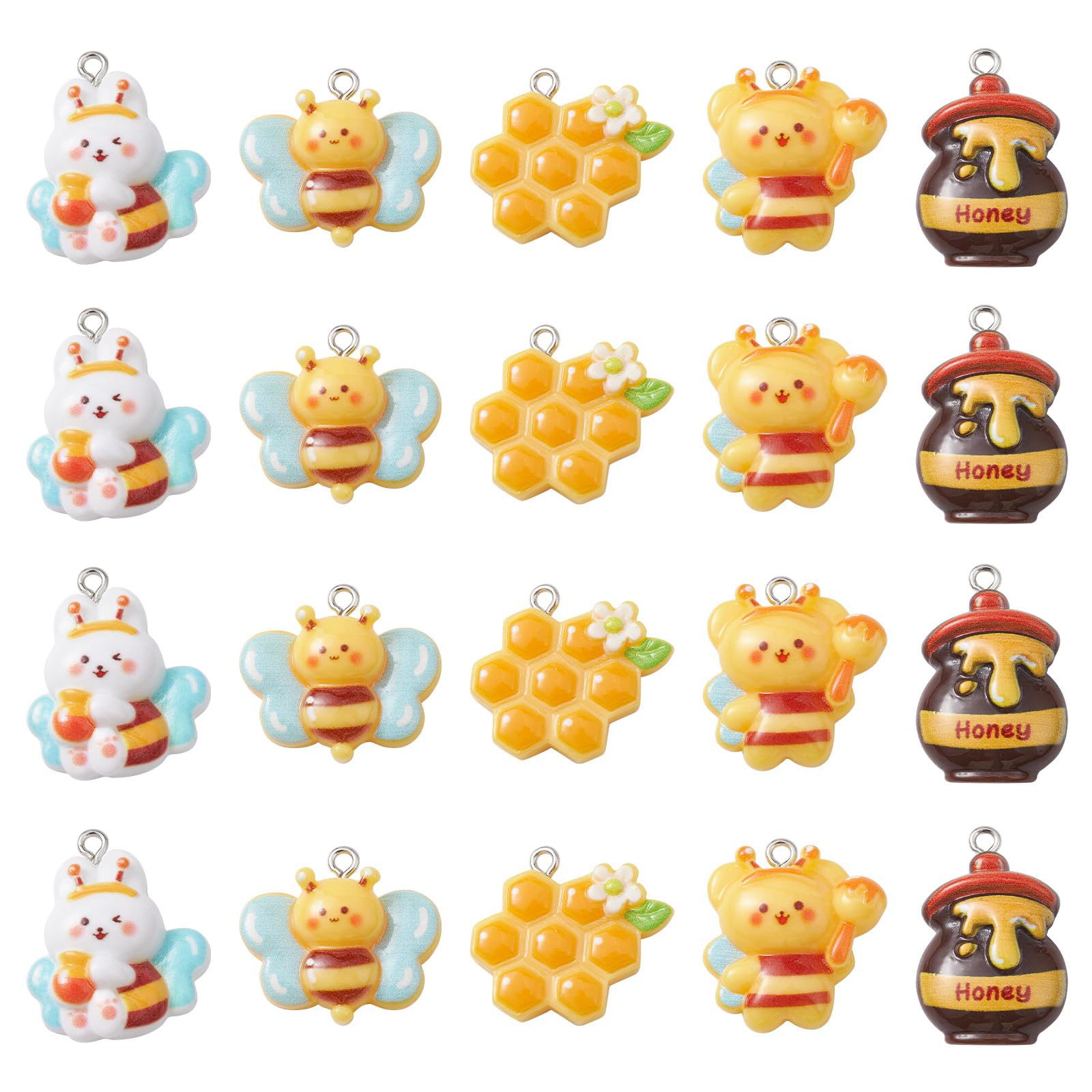Stiesy 20Pcs 5 Styles Resin Bee Charms Cute Animal Pendant Charm Yellow Honey Pot Dangle Charms for Jewellry Making DIY Bracelet Crafting Ornaments