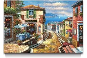 UTOP-art Coastal Cityscape Oil Painting Artwork: Italian Town Canvas Wall Art Mediterranean Style Street Painting for Living Room (45” x 30”)
