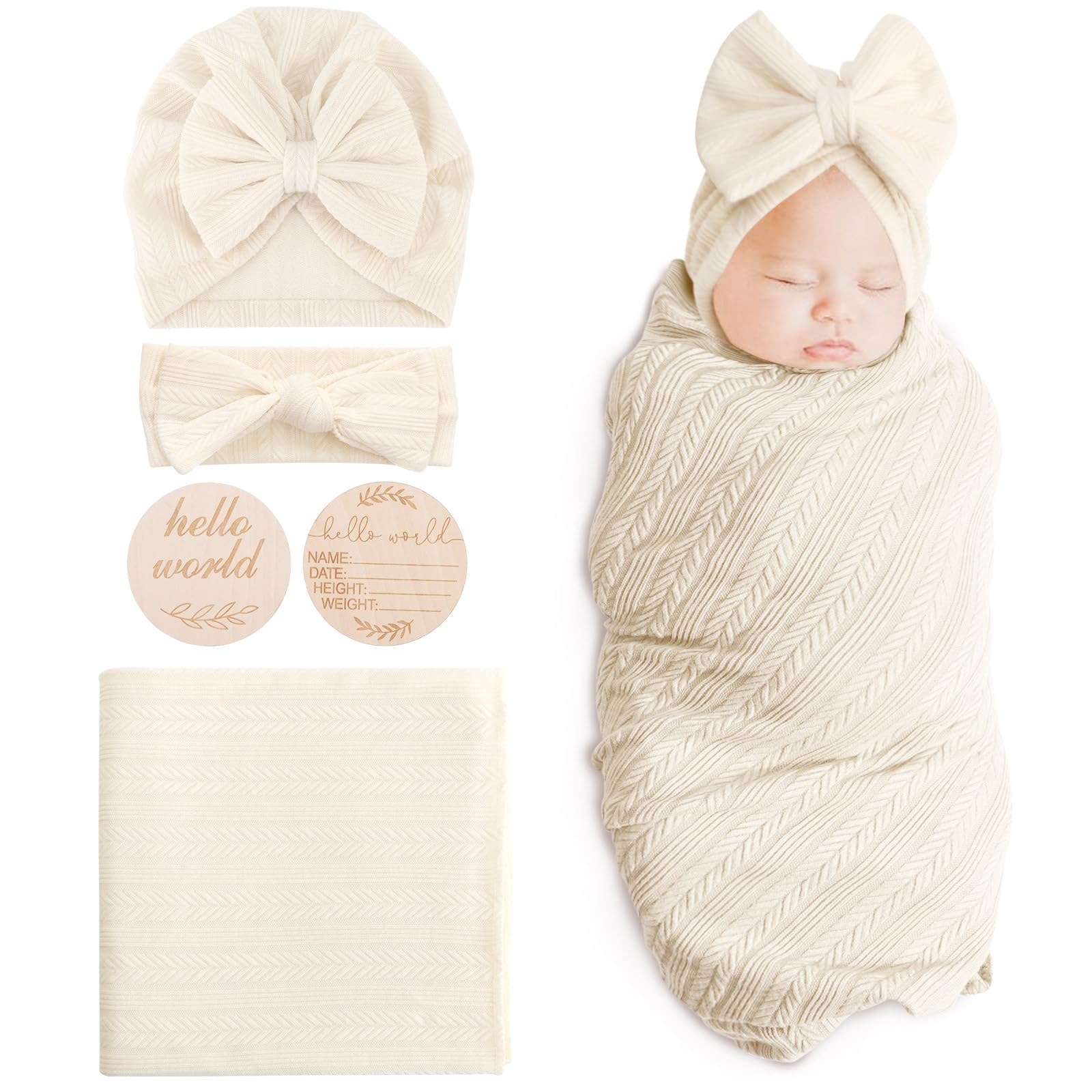 DRESHOW Newborn Baby Blanket Soft Swaddle Blankets for Infant Swaddling Receiving Warm Wraps with Bow Hat Headband