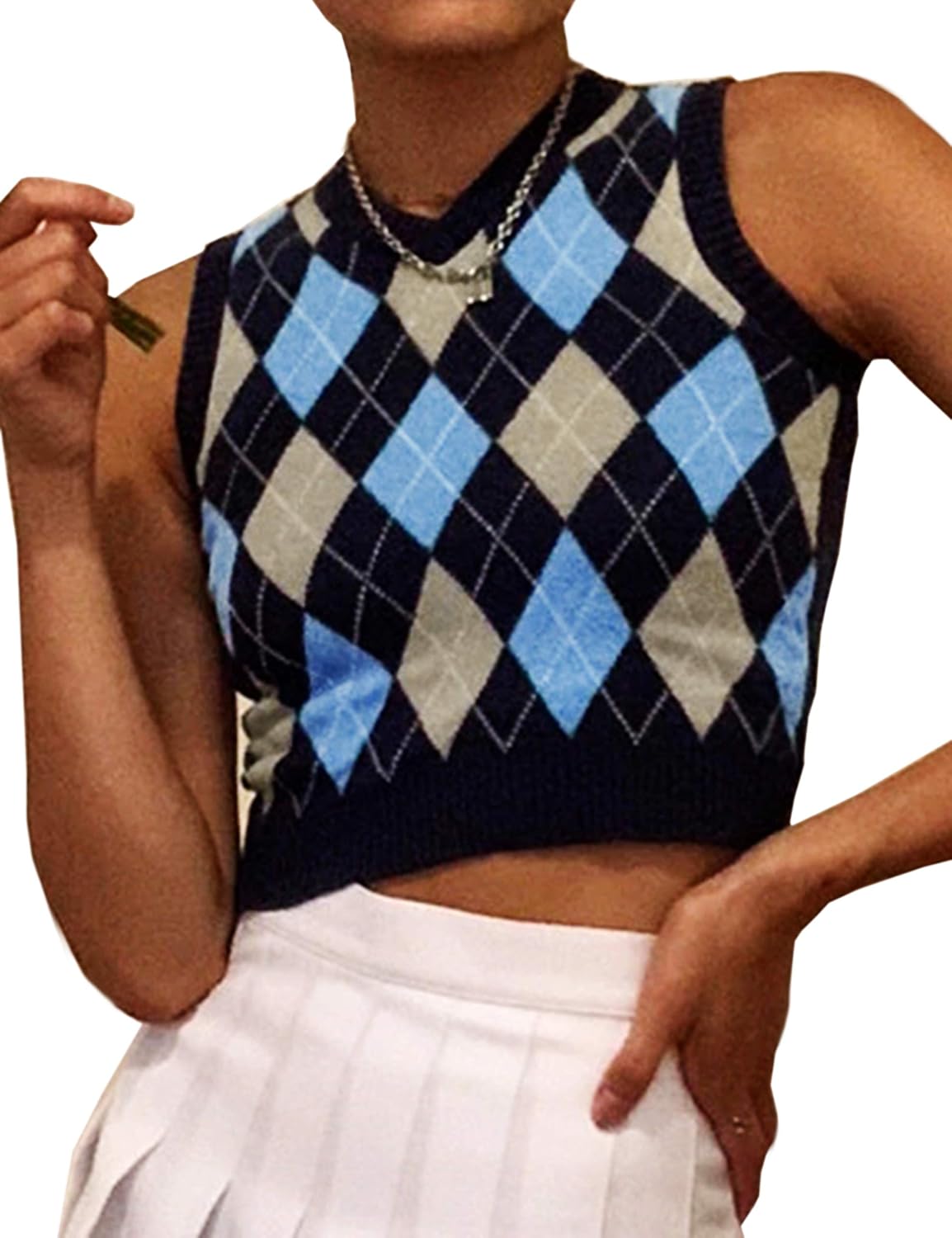 Grneric Women Argyle Preppy Style Sweater Vest Sleeveless V Neck Knitwear Knit Tank Top at  Women’s Clothing store