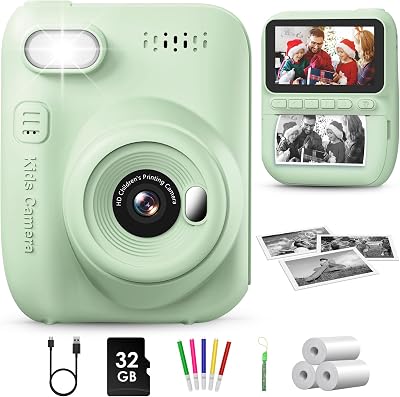 GREENKINDER Kids Camera Instant Print 3.0" Large Screen 32GB Card 3 Rolls Paper
