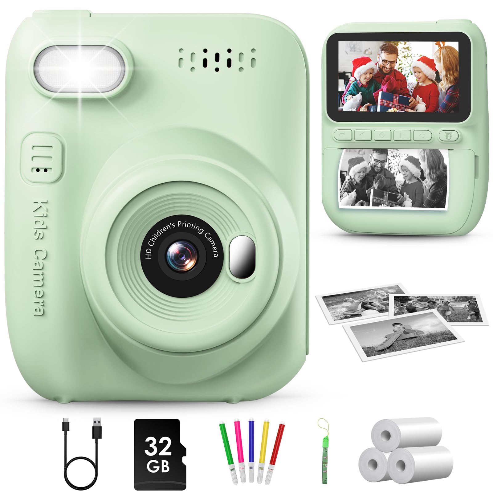 GREENKINDER Kids Camera Instant Print, 3.0'' Large Screen Instant Camera for Kids with 32GB Card & 3 Rolls Print Paper, 1080P Kids Selfie Digital Cameras, Gift Toy for Boys Girls 3-12 Years Old, Green